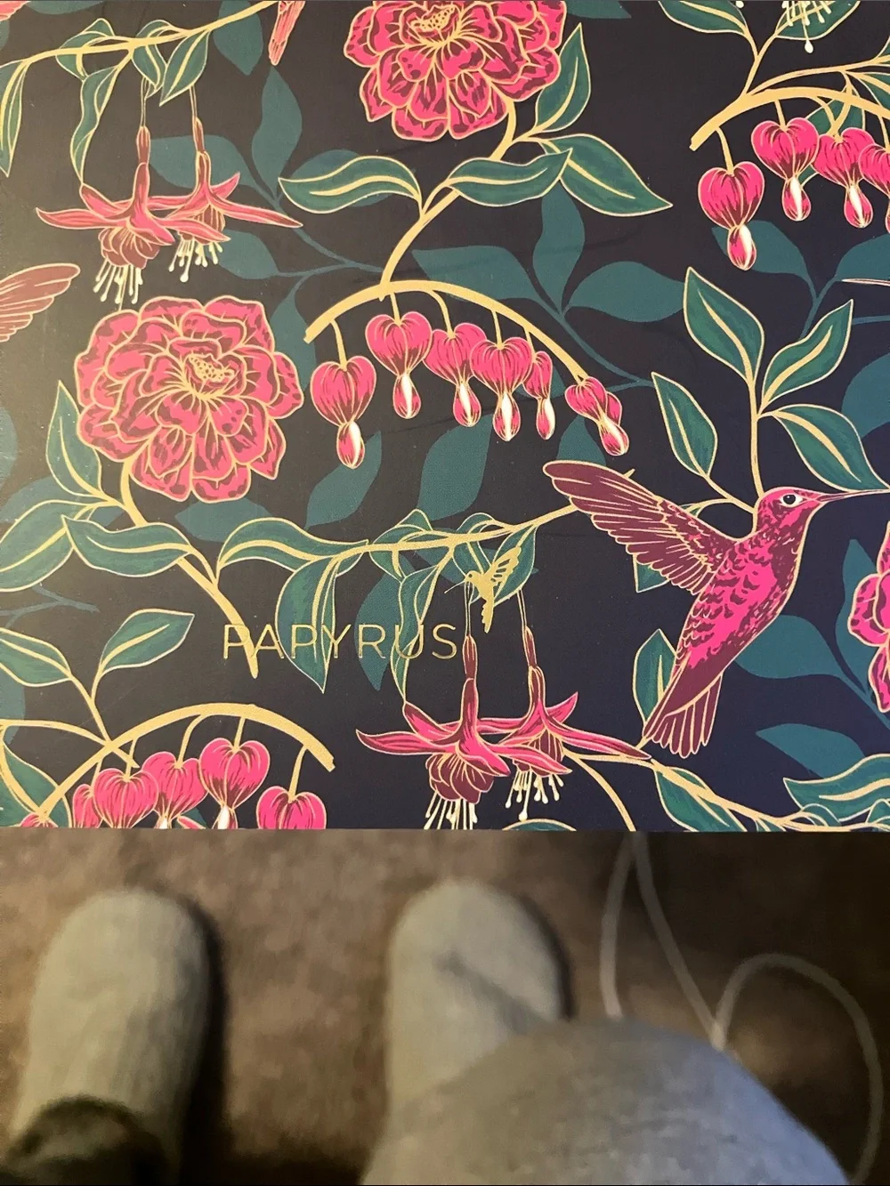 Papyrus Hummingbird and florals Stitched Paper Notebook - Navy with Pink Flowers